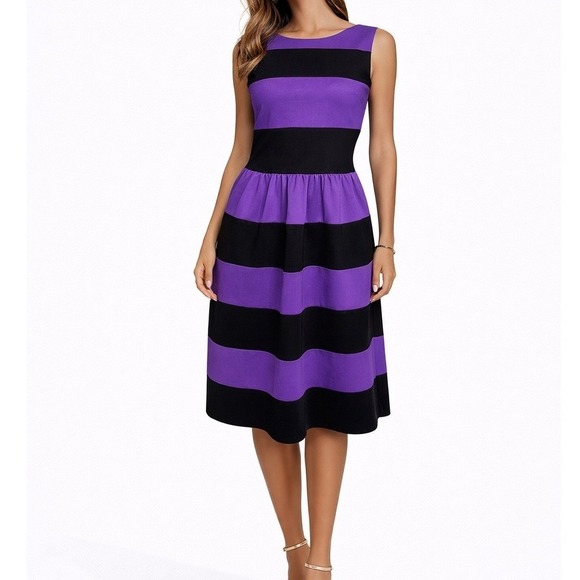 HARPA Dresses & Skirts - Purple Black Striped Fit & Flare Midi Dress Women's Medium Sleeveless Retro